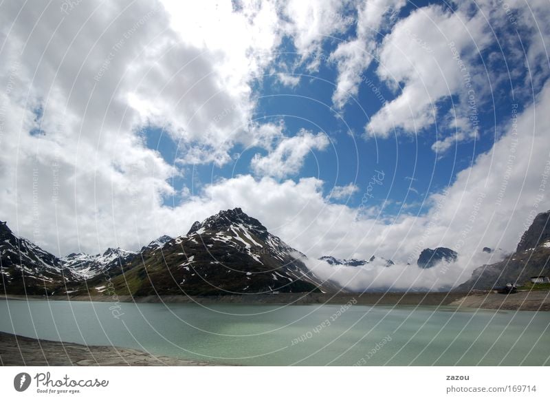 Alpenwatte Farbfoto Außenaufnahme Menschenleer Tag Silhouette Weitwinkel Fischauge Natur Landschaft Luft Wasser Himmel Wolken Wetter Gipfel Seeufer Einsamkeit