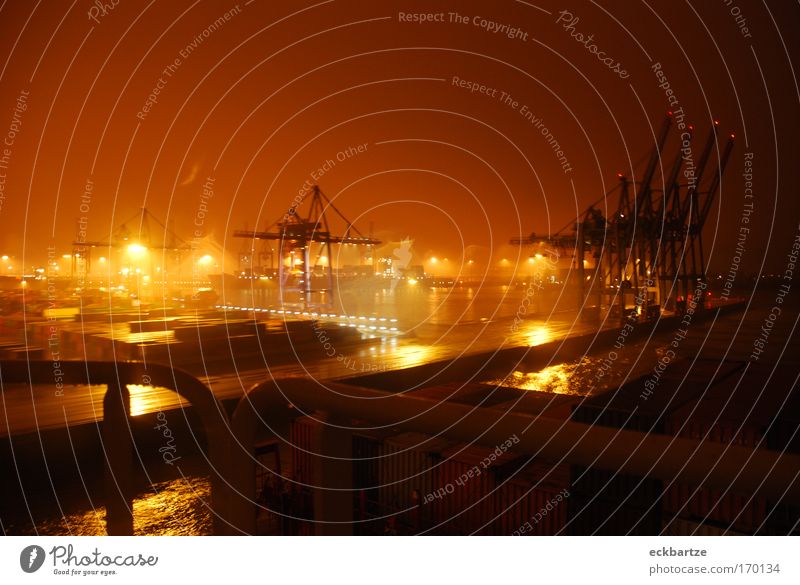 Burchardkai Farbfoto Gedeckte Farben Nacht Licht Panorama (Aussicht) Weitwinkel Schifffahrt Containerschiff Wasserfahrzeug Hafen An Bord Bewegung