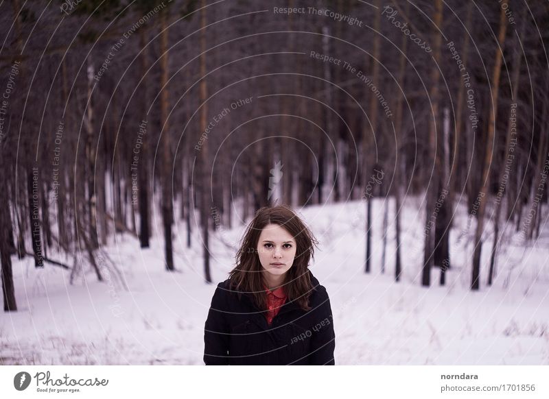 Mädchen im Wald feminin Junge Frau Jugendliche Erwachsene 1 Mensch Umwelt Natur Frühling Winter Schnee Pflanze Baum Park Mantel brünett schön dünn weiß Stimmung