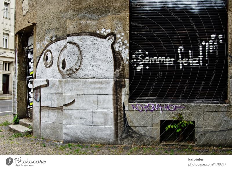 Sommer fetzt! Farbfoto Gedeckte Farben Außenaufnahme Menschenleer Textfreiraum oben Tag Graffiti Fassade Ladengeschäft Ladenfront geschlossen Leipzig Leerstand