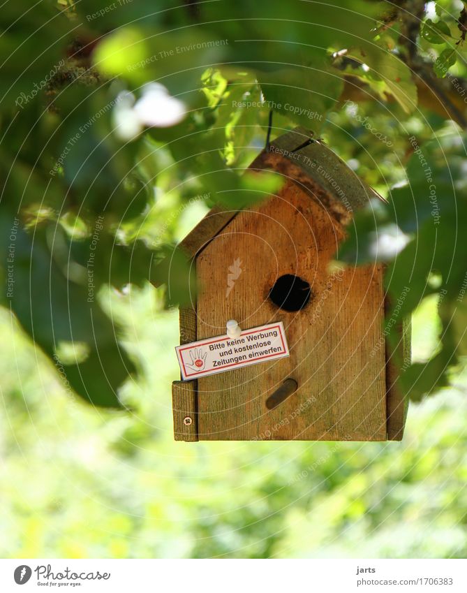 werbeverbot Haus Hütte Holz Werbung Werbeverbot Futterhäuschen Farbfoto mehrfarbig Außenaufnahme Menschenleer Textfreiraum unten Tag Licht Schatten Sonnenlicht