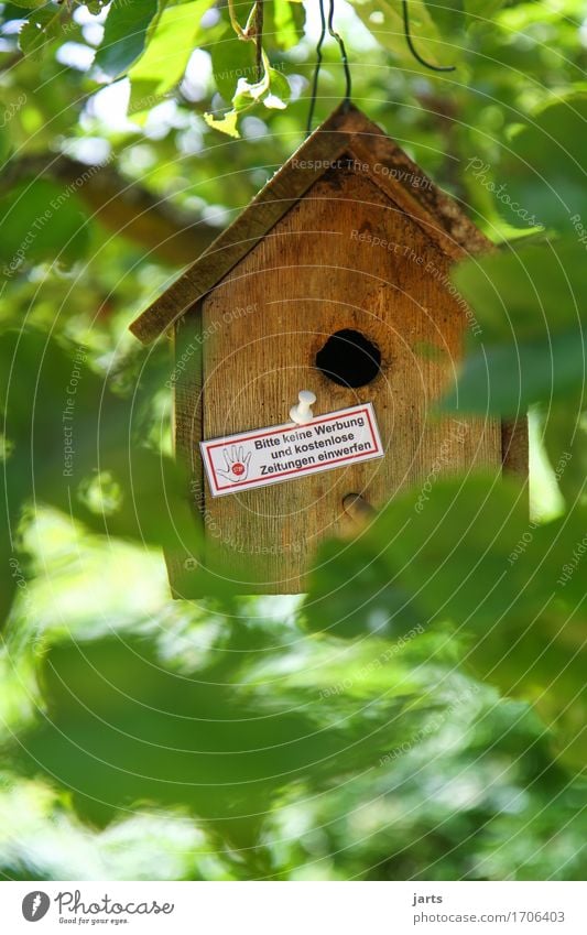 hier nicht Pflanze Baum Blatt Haus Hütte Werbung Häusliches Leben Verbotsschild Futterhäuschen Werbeverbot Briefkasten Haushaltswerbung Farbfoto Außenaufnahme