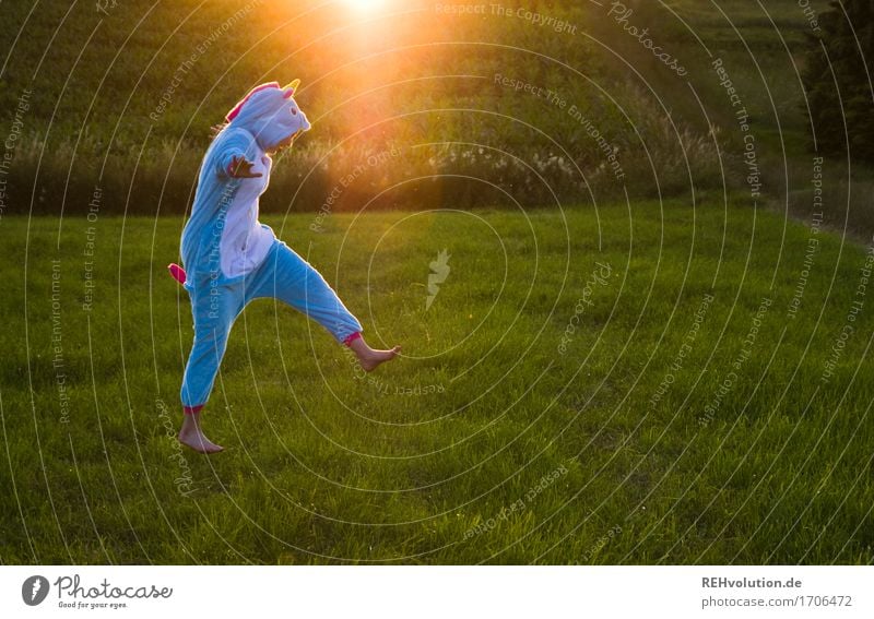 künstlich | Einhorn Mensch feminin 1 18-30 Jahre Jugendliche Erwachsene Umwelt Natur Landschaft Sonne Sommer Schönes Wetter Wiese Feld Anzug springen hüpfen