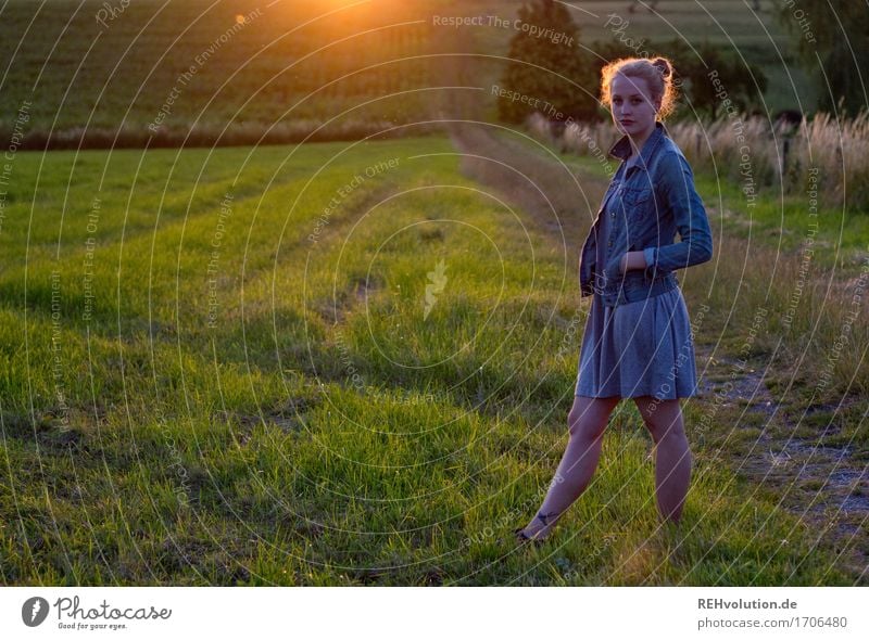 Alexa | Abendlicht Lifestyle Stil Mensch Junge Frau Jugendliche 1 18-30 Jahre Erwachsene Umwelt Natur Landschaft Wiese Feld Kleid Jacke Haare & Frisuren blond