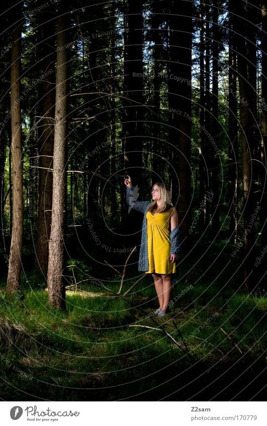 alone in the dark Farbfoto Außenaufnahme Blitzlichtaufnahme Kontrast feminin Junge Frau Jugendliche 18-30 Jahre Erwachsene Natur Wald Mode Kleid blond stehen