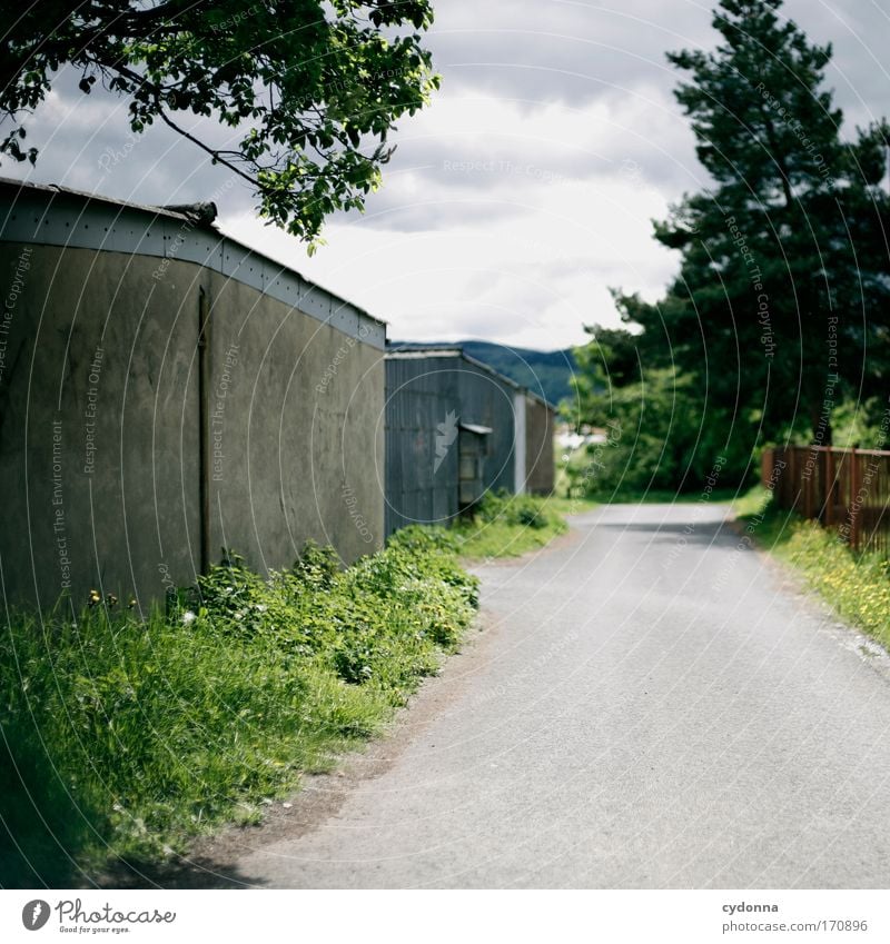 Weg zu den Garagen Farbfoto Außenaufnahme Detailaufnahme Menschenleer Textfreiraum links Textfreiraum rechts Textfreiraum oben Textfreiraum unten Tag Schatten