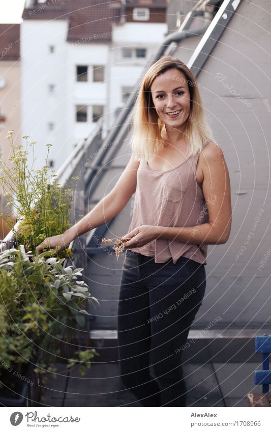 Wachstum in Balkonien III Leben Häusliches Leben Hinterhof Balkonpflanze Kräutergarten Junge Frau Jugendliche 18-30 Jahre Erwachsene Landschaft Pflanze Hochhaus