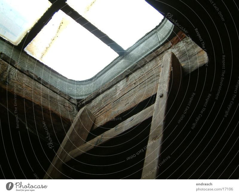 Ausstieg Dach Fenster Dachboden Luke Holz Leiter oben alt Treppe Glas