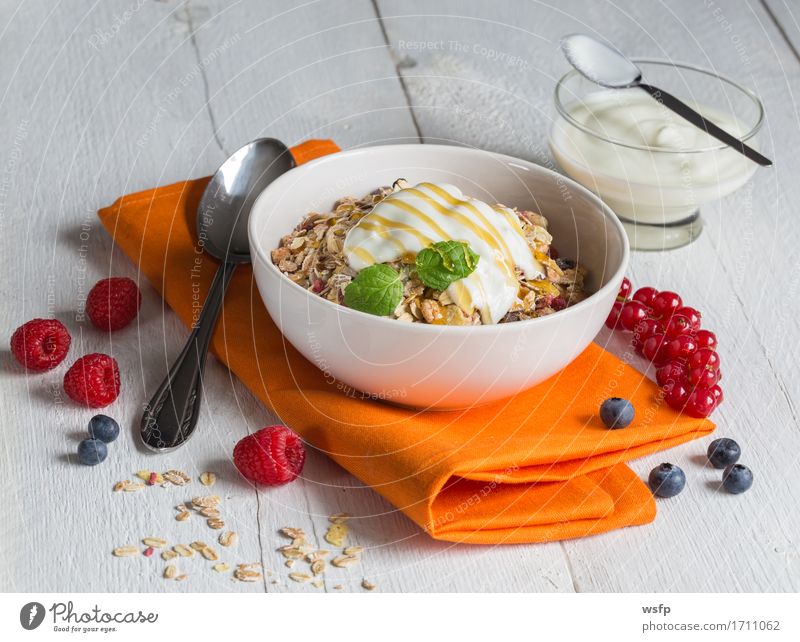 Müsli mit Joghurt und Früchten auf Holz Frucht Frühstück orange Zerealien Früchtemüsli Haferflocken Honig Himbeer Johannisbeeren Blaubeeren Minze