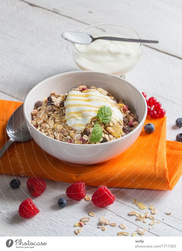 Müsli mit Joghurt und Früchten auf Holz Frucht Frühstück orange Zerealien Früchtemüsli Haferflocken Honig Himbeer Johannisbeeren Blaubeeren Minze