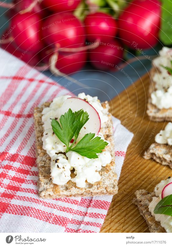 Knäckebrot mit Hüttenkäse Radieschen und Kräutern Kräuter & Gewürze Holz blau Schnittlauch Dill Petersilie rote bete blätter Holzbrett Snack gesunder snack