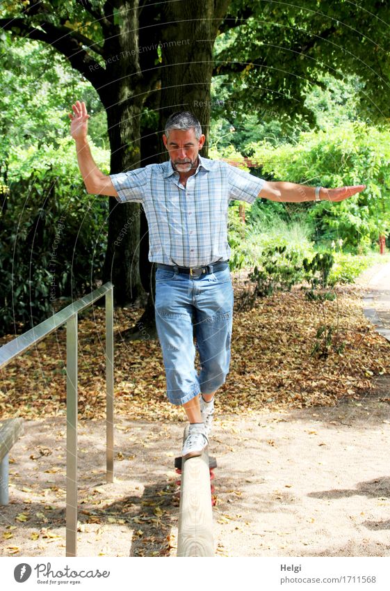 Senior mit kurzen grauen Haaren und grauem Bart, blauer Jeans und kariertem Hemd balanciert auf einem Holzbalken Gesundheit sportlich Fitness Leben