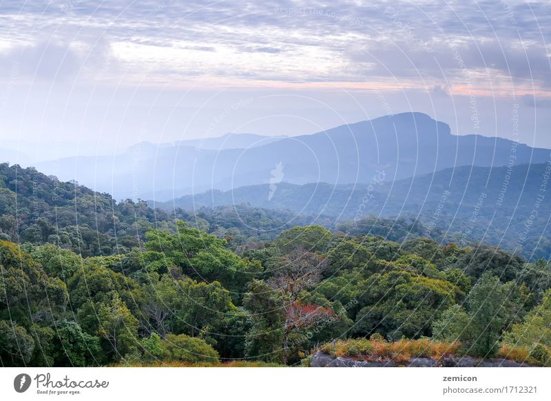 Landschaftsszene und -sonnenaufgang am Morgen über den Bergen schön Ferien & Urlaub & Reisen Sommer Sonne Berge u. Gebirge Natur Himmel Wolken Horizont Nebel