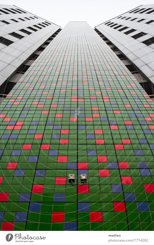 green mosaic Stadt Hauptstadt Stadtrand Menschenleer Haus Hochhaus Gebäude Architektur Mauer Wand Fassade Fenster ästhetisch blau grau grün rot Mosaik Berlin