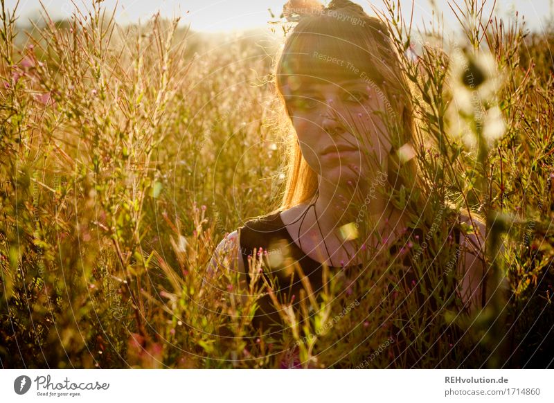 Carina . Sommermoment Mensch feminin Junge Frau Jugendliche Erwachsene Gesicht 1 18-30 Jahre Umwelt Natur Pflanze Sonne Blume Gras Wiese brünett Pony stehen