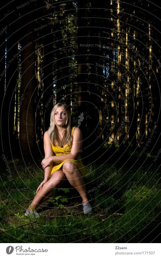 alone in the dark Außenaufnahme Kunstlicht Mensch Junge Frau Jugendliche 18-30 Jahre Erwachsene Umwelt Wald Mode Kleid blond langhaarig Denken sitzen dunkel