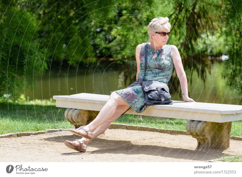 Kleine Pause Sommer Mensch feminin Frau Erwachsene Weiblicher Senior 1 45-60 Jahre sitzen warten elegant schön braun grün türkis Blick Bank Steinbank Parkbank