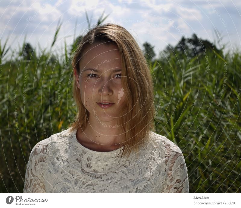 portait schön Wellness Wohlgefühl Ausflug Junge Frau Jugendliche 18-30 Jahre Erwachsene Natur Landschaft Schönes Wetter Pflanze Schilfrohr Wiese Kleid brünett