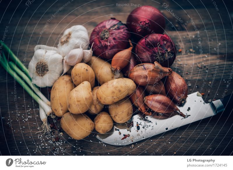 Geschmackvolle Bestandteile des Lebensmittelstilllebens Kräuter & Gewürze Küche Blatt frisch natürlich gelb grün rot Farbe Lorbeerblätter Holzplatte Glühbirnen