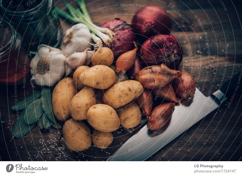 Geschmackvolle Bestandteile des Lebensmittelstilllebens Kräuter & Gewürze Küche Blatt frisch natürlich gelb grün rot Farbe Lorbeerblätter Holzplatte Glühbirnen