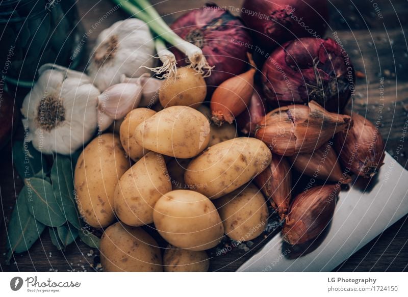 Geschmackvolle Bestandteile des Lebensmittelstilllebens Kräuter & Gewürze Küche Blatt frisch natürlich gelb grün rot Farbe Lorbeerblätter Holzplatte Glühbirnen