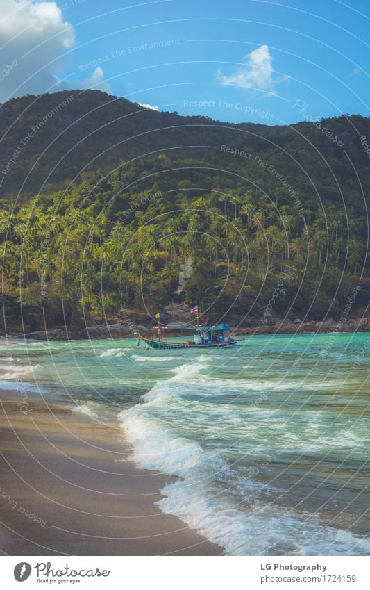 Boot auf Flasche Strand schön Erholung ruhig Ferien & Urlaub & Reisen Abenteuer Sonne Meer Wellen Seil Kultur Sand Wolken Küste Verkehr Wasserfahrzeug blau grün