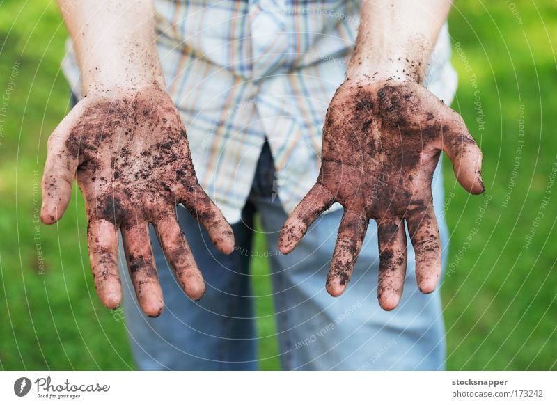 Verschmutzte Hände Gärtner Tag Finger zeigend Boden Gartenarbeit Schmutz Handfläche Handflächen dreckig Außenaufnahme