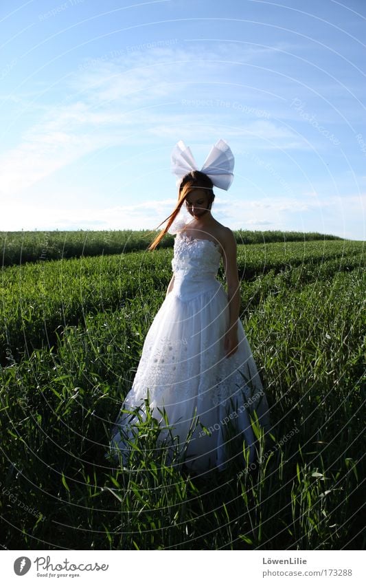 AnimeBraut Farbfoto Außenaufnahme Starke Tiefenschärfe Zentralperspektive Ganzkörperaufnahme Vorderansicht Blick nach unten Wegsehen Hochzeit Mensch feminin