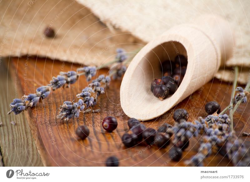 wacholderbeeren und lavendel Kinderschippe Wacholder Beeren Kochlöffel Lavendel getrocknet lavendelblüten gewürzlöffel Leinen Holzfußboden Löffel kochzutaten