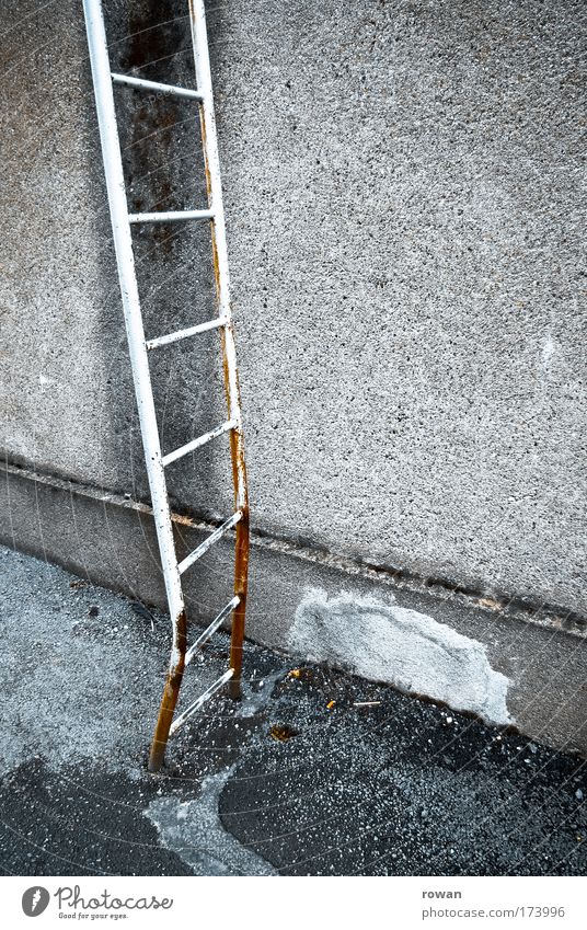 hoch hinaus Farbfoto Außenaufnahme Textfreiraum rechts Tag Leiter alt dreckig dunkel kaputt trist Leitersprosse aufsteigen Rost Wand Gebäude Bauwerk