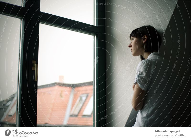 buenavista Farbfoto Innenaufnahme Tag Wegsehen feminin 18-30 Jahre Jugendliche Erwachsene Fenster beobachten Denken Blick stehen Stimmung ruhig Zufriedenheit