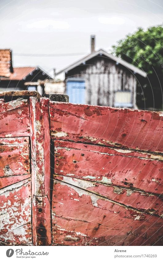 Bretterbude Häusliches Leben Haus Renovieren Dorf Fischerdorf Hütte Holzhaus Baracke Wohnung Bretterzaun Zaun Holzbrett alt einfach kaputt trist grau rot