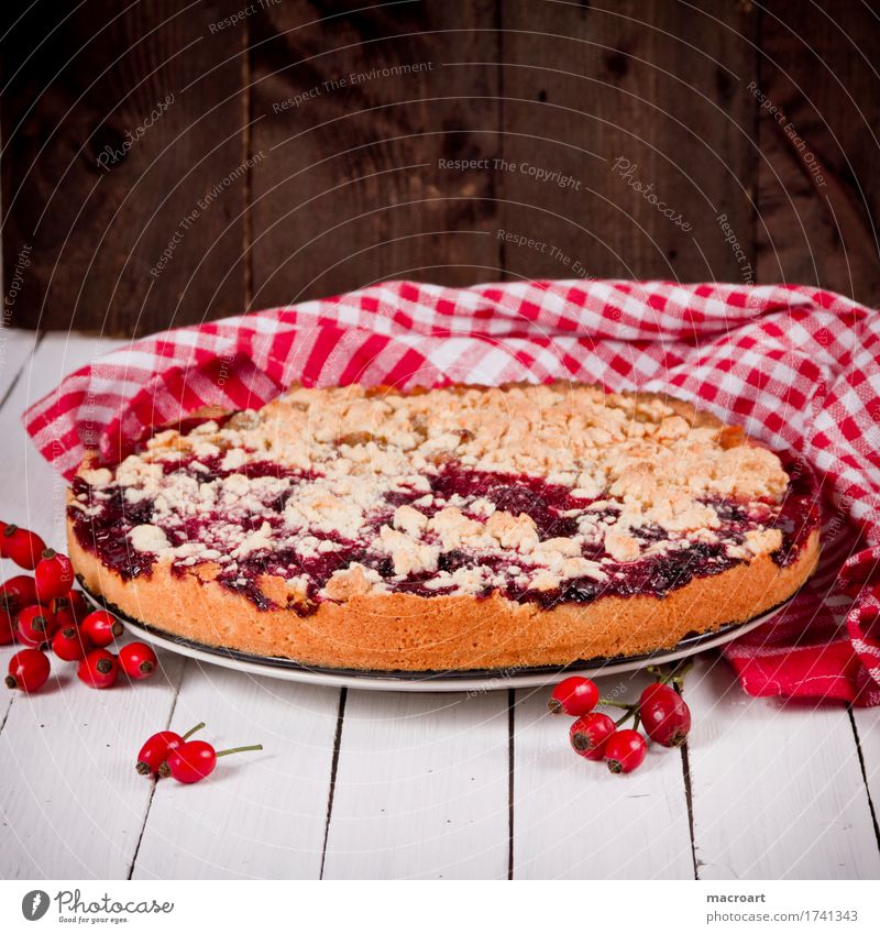 Obstkuchen Streusel Kuchen Frucht Teigwaren Landhaus Hagebutten Hundsrose Tischwäsche Küchenhandtücher pflaumenkuchen früchtekuchen Holztisch Holzplatte braun