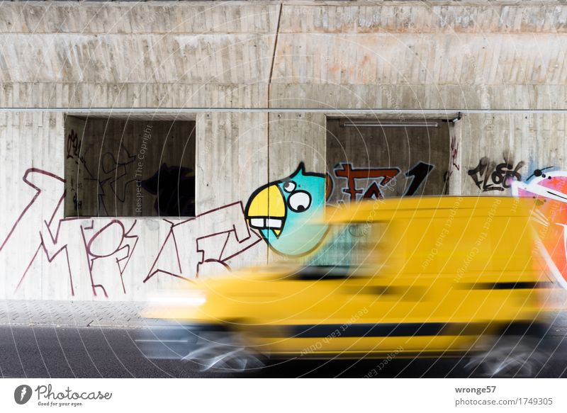 Urbaner Raum Brücke Eisenbahnbrücke Brückenpfeiler Mauer Wand Verkehrsmittel Straßenverkehr Fahrzeug PKW Transporter Beton Schriftzeichen Graffiti fahren