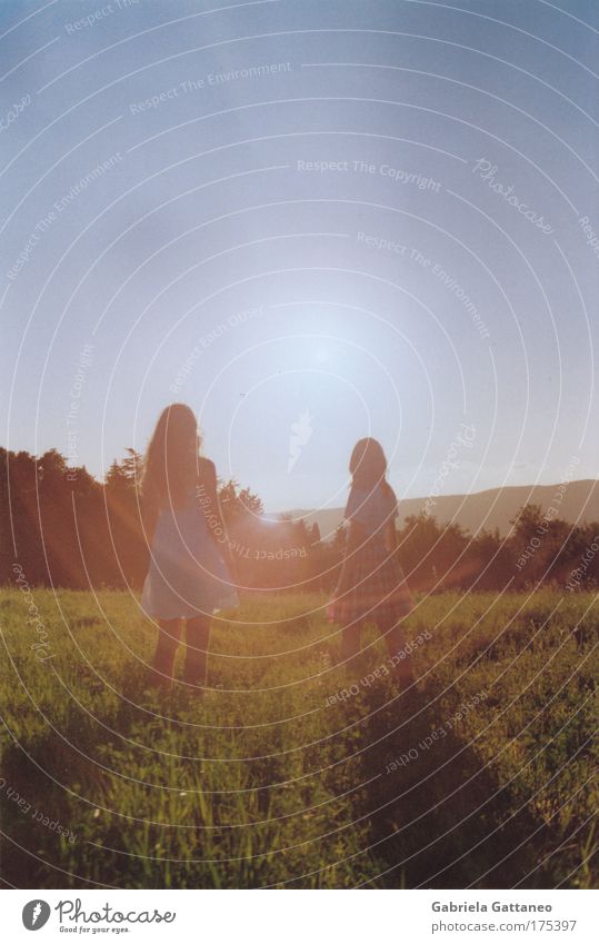 Sonnensog Freiheit Mädchen 2 Mensch Natur Erde Himmel Schönes Wetter Wiese Hügel Rock Kleid Haare & Frisuren Bewegung Zusammensein Glück Unendlichkeit dünn