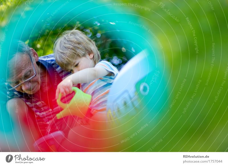 Kind spielt mit Opa Kindheit Kleinkind Junge Spielen Großvater 1-3 Jahre natürlich Vertrauen Garten Spiegel Mensch Senior Wiese Gras Freude Glück authentisch