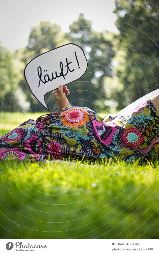 läuft Mensch feminin Frau Erwachsene Mutter Bauch 1 30-45 Jahre Umwelt Natur Park Wiese Kleid Zeichen Schriftzeichen Schilder & Markierungen liegen schwanger