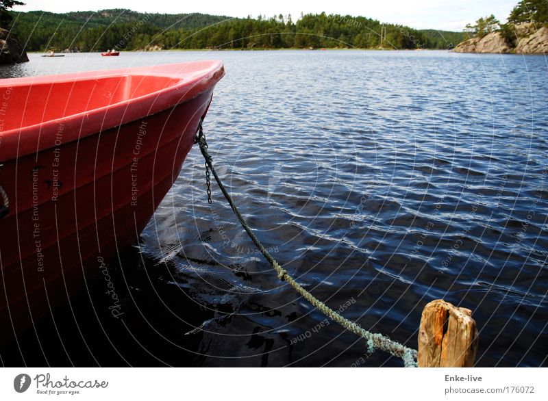 Skogtun 1 Farbfoto mehrfarbig Außenaufnahme Textfreiraum rechts Textfreiraum oben Tag Zentralperspektive Natur Wasser Seeufer Bootsfahrt Fischerboot Ruderboot