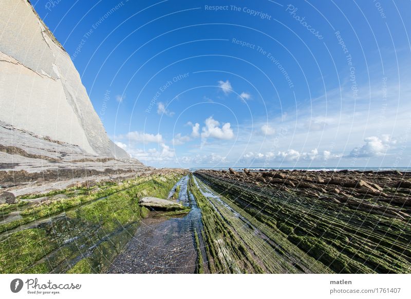 Flysch Natur Landschaft Luft Wasser Himmel Wolken Horizont Sommer Wetter Schönes Wetter Felsen Küste Strand Riff Meer blau grün weiß Baskenland Algen Ebbe