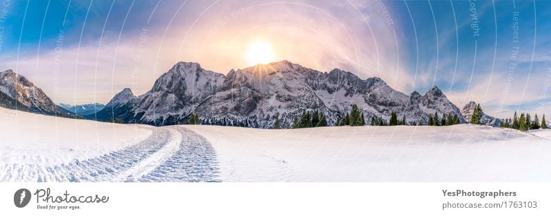 Sonniger Wintertag in den Bergen Freude Glück Ferien & Urlaub & Reisen Schnee Berge u. Gebirge Wetter Baum Wald Felsen Alpen Gipfel Sehenswürdigkeit Straße