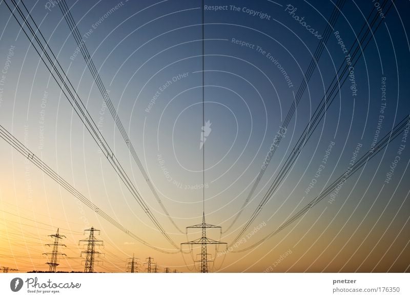 Lange Leitung Farbfoto Außenaufnahme Dämmerung Sonnenlicht Sonnenaufgang Sonnenuntergang Starke Tiefenschärfe Froschperspektive Umwelt Natur Luft Himmel