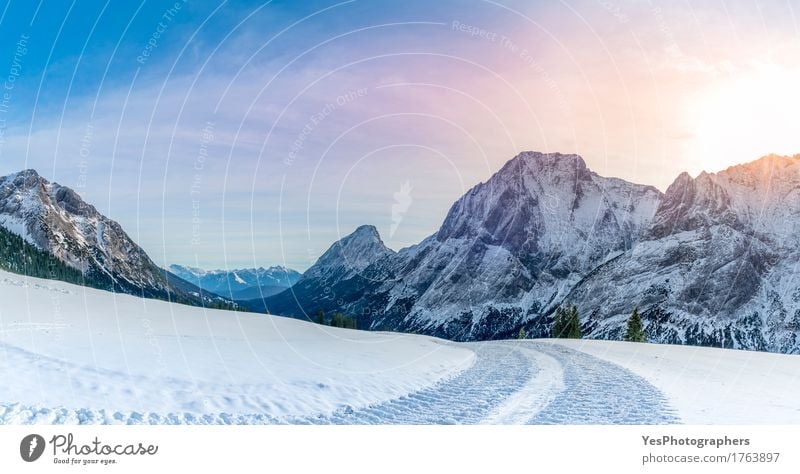 Alpenpanorama mit schneebedeckter Straße Freude Glück Ferien & Urlaub & Reisen Schnee Berge u. Gebirge Wetter Baum Wald Felsen Gipfel Sehenswürdigkeit Fährte