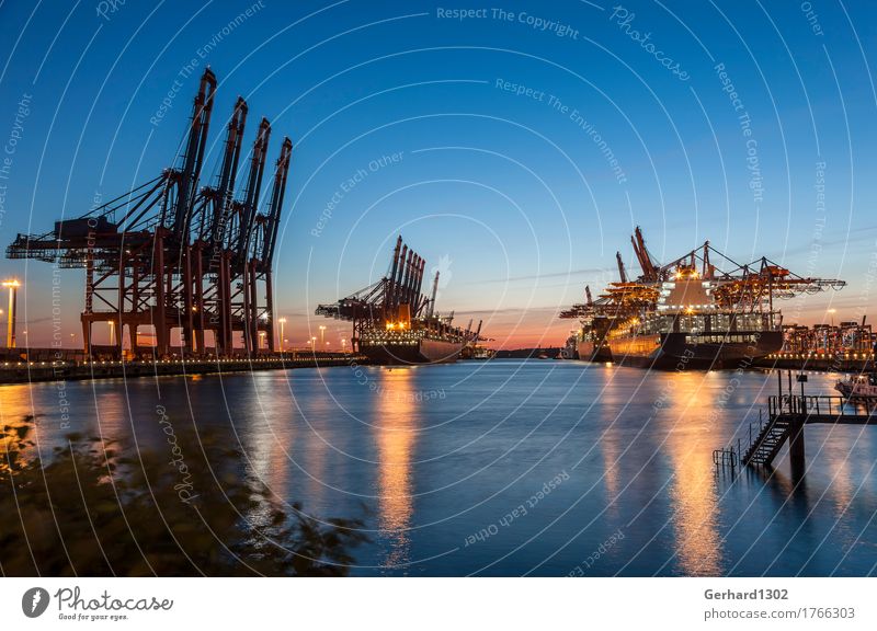 Containerhafen Hamburg am Abend Wasser Nachthimmel Hafenstadt Verkehr Güterverkehr & Logistik Schifffahrt Containerschiff Arbeit & Erwerbstätigkeit maritim