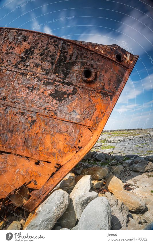 Letzte Ruhe Schifffahrt Schiffswrack alt maritim blau braun grau schwarz Senior Umweltverschmutzung Verfall Vergänglichkeit Rost Farbfoto Außenaufnahme