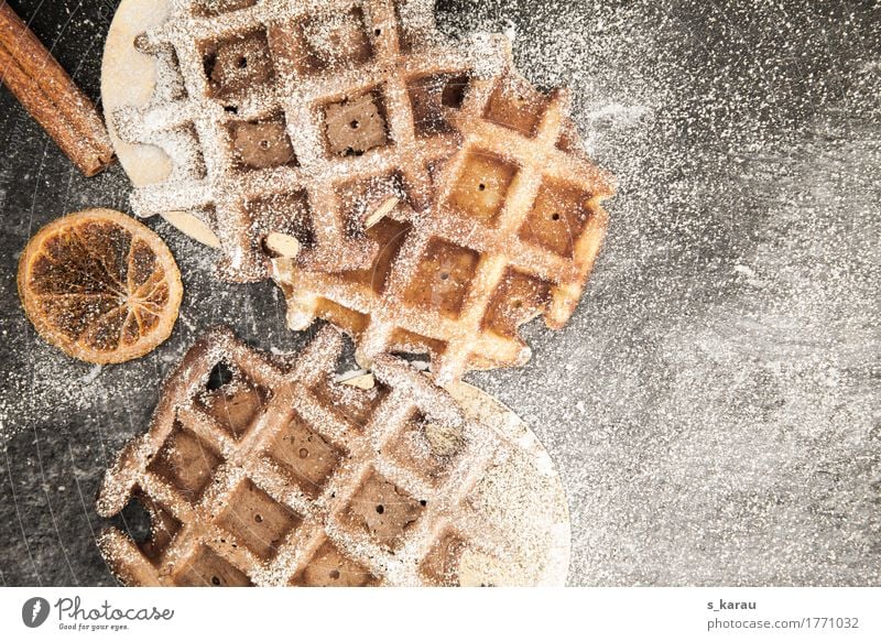 Belgische Schokoladenwaffeln Lebensmittel Teigwaren Backwaren Dessert Süßwaren Kaffeetrinken genießen lecker Waffel Winter Puderzucker Zimt süß Vanille