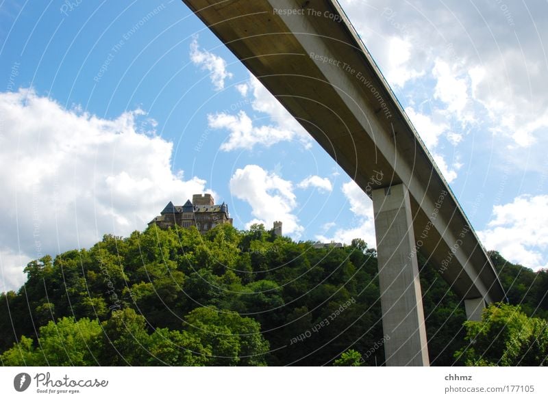 Zwei Epochen Farbfoto Menschenleer Tag Sonnenlicht Weitwinkel Tourismus Ausflug Baum Wald Lahnstein Brücke Verkehrswege Autobahn Hochstraße verbinden