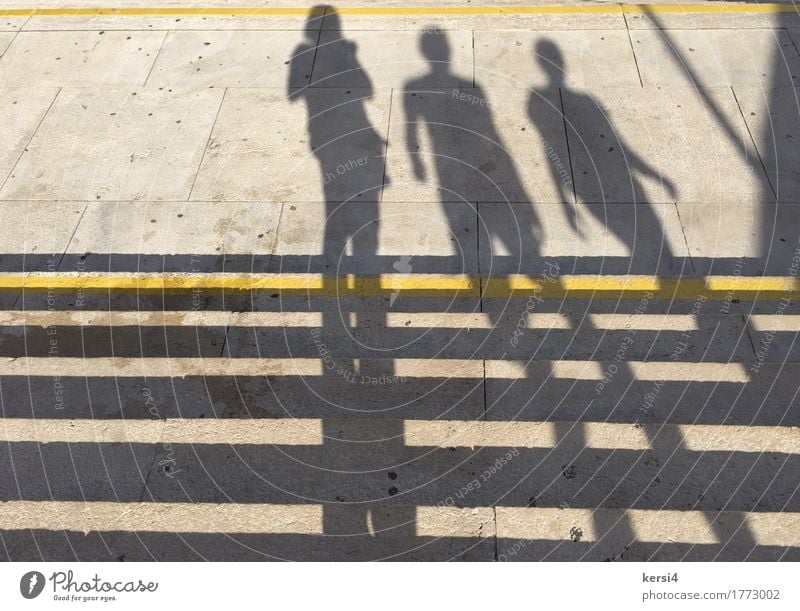 stehend und gehende Schatten Frau Erwachsene Freundschaft 3 Mensch Schönes Wetter Fußgänger Stein Beton Linie Streifen rennen beobachten Bewegung laufen warten