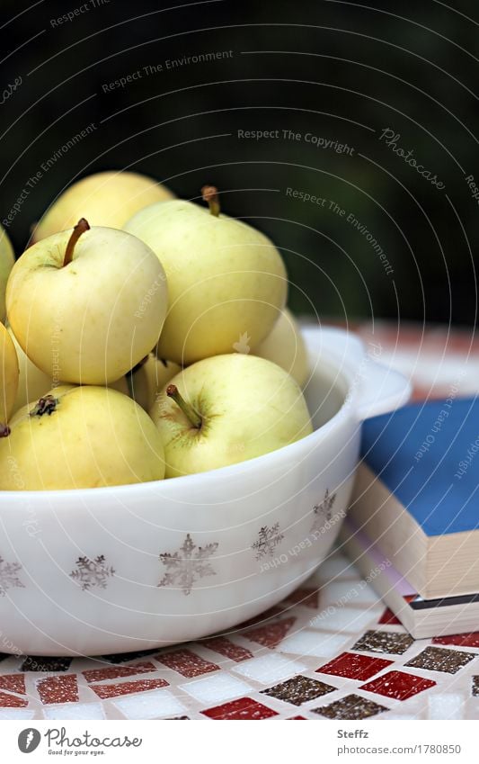 Pause im Garten mit Büchern und Äpfeln Klarapfel Obst lesen Lesestoff Lifestyle Zufriedenheit Lektüre Gelassenheit Erholung relaxen Entspannung Idylle idyllisch