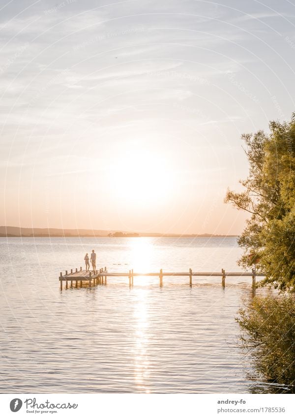 Sonnenuntergang maskulin feminin 2 Mensch Wasser Himmel Wolkenloser Himmel Horizont Sonnenaufgang Sonnenlicht Sommer Schönes Wetter Küste Seeufer Flussufer