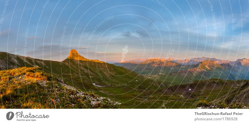 Spitzmeilen Panorama Umwelt Natur Landschaft blau braun gelb gold grün orange Schweiz Berge u. Gebirge Gipfel Sonnenuntergang Sonnenstrahlen Gras Aussicht